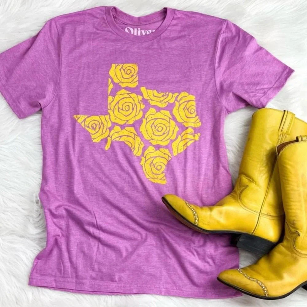 Vibrant Purple and Yellow Short Sleeve Tee with Texas Citrus Design - Picture 3 of 7